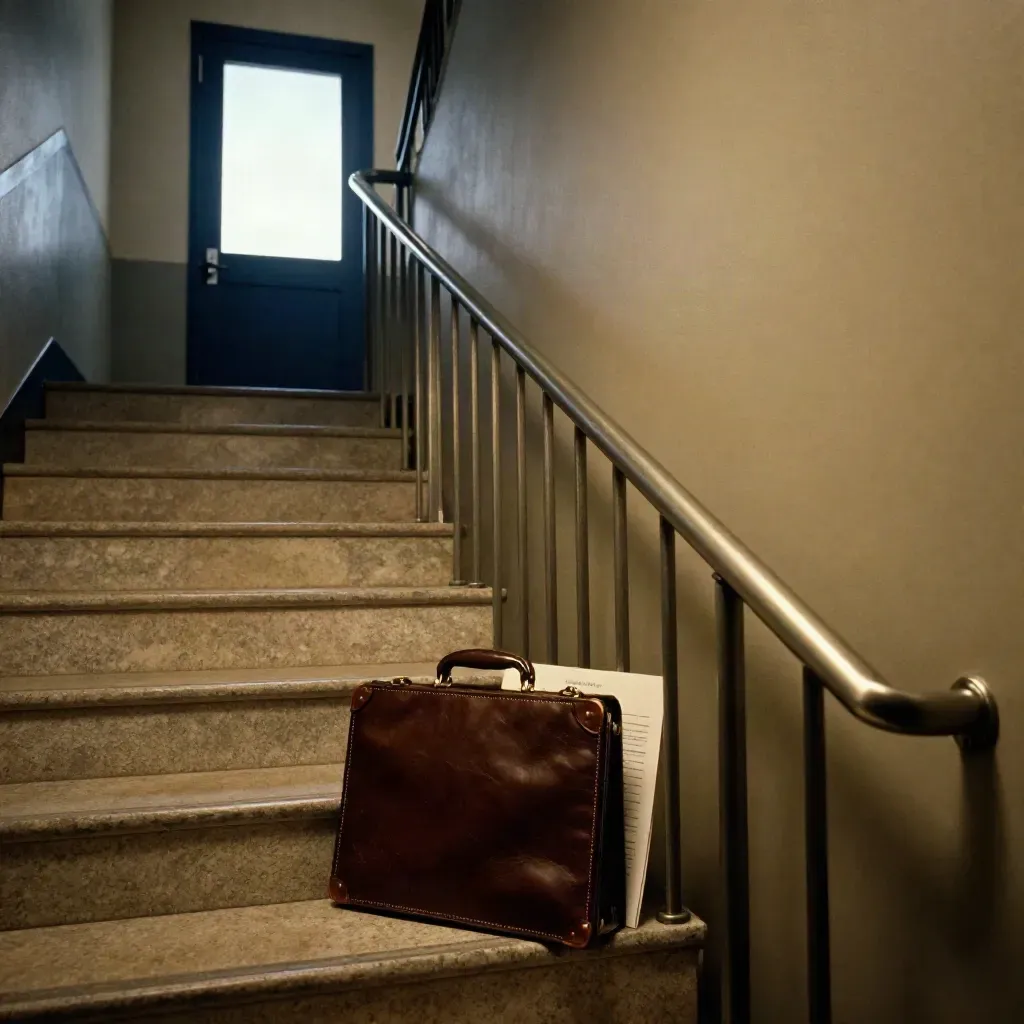 Stairwell met dossierkoffer, besluitpapier en licht uit een open deur
